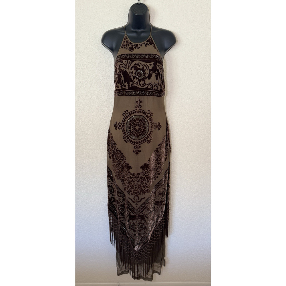 Sue Wong Vintage Velvet Burnout Beaded Fringe Halter Maxi Dress Sz 10 Brown Prom